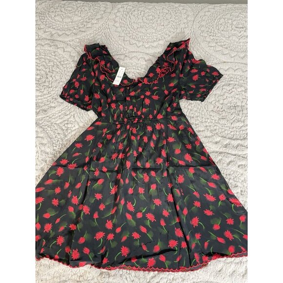 J Crew Ruffle-Collar Mini Dress in Painted Daisy Print Black and Red Sz 10 - Picture 2 of 8